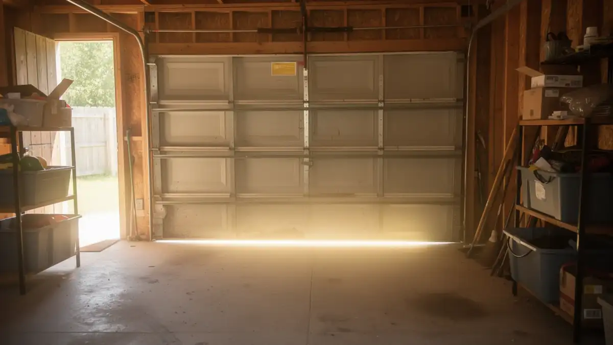 A closed garage door with a bright gap at the bottom and an open side door.