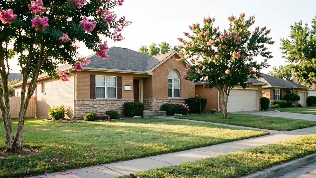 A row of brick houses with white garage doors and flowering trees.