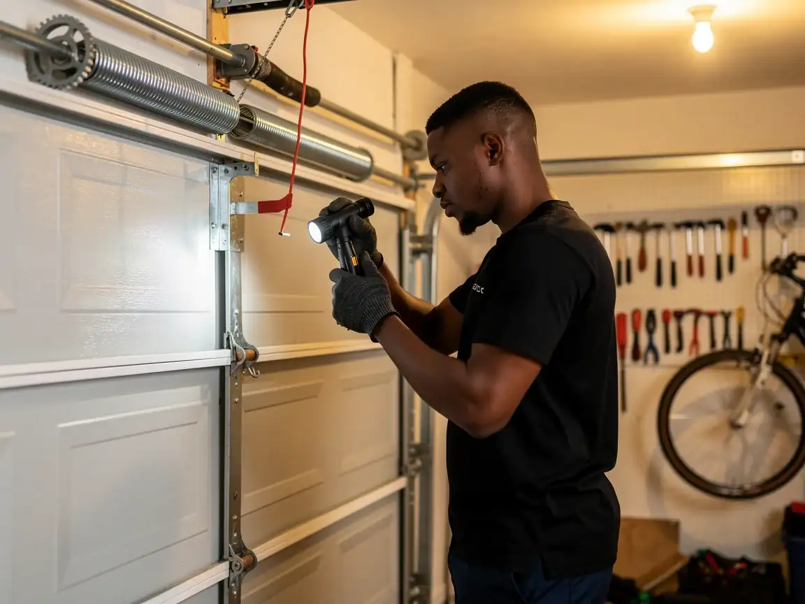 A technician shines a flashlight on the garage door's top panel and roller.